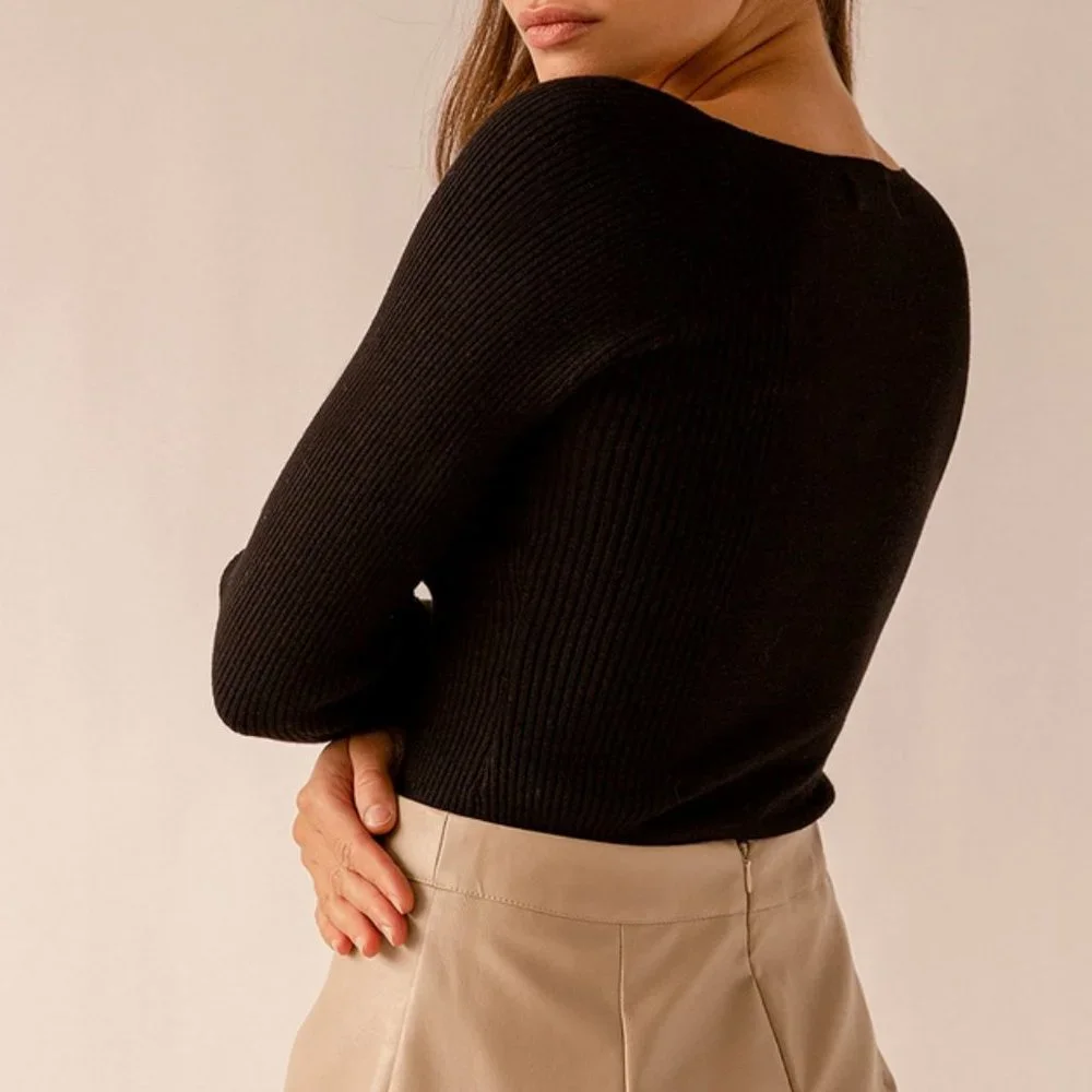 LULUS - Black Ribbed Square Neck Sweater Top - Womens - Size S - Picture 5 of 8